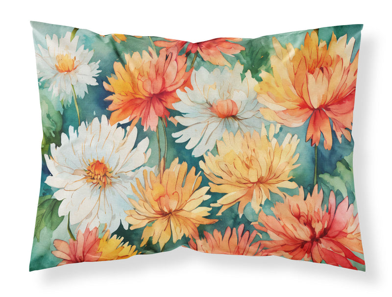 Chrysanthemums in Watercolor Fabric Standard Pillowcase – Artistic Decorative Front, White Back