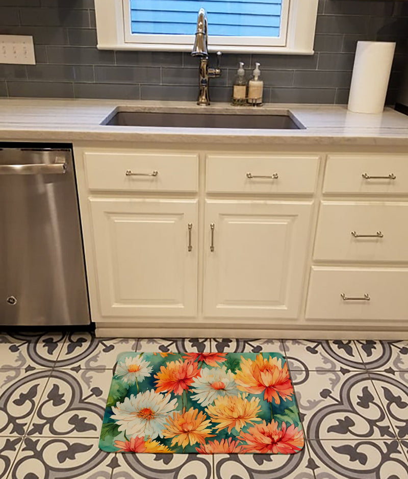 Chrysanthemums in Watercolor Memory Foam Kitchen Mat