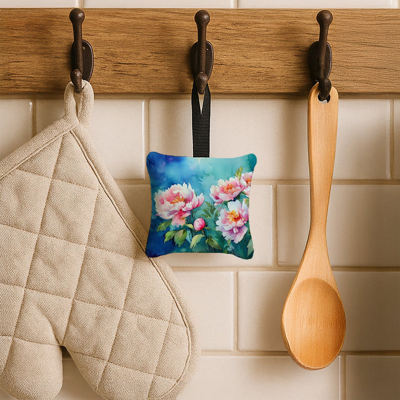 Peonies in Watercolor Hanging Square Fabric Ornament 3.5 × 3.5