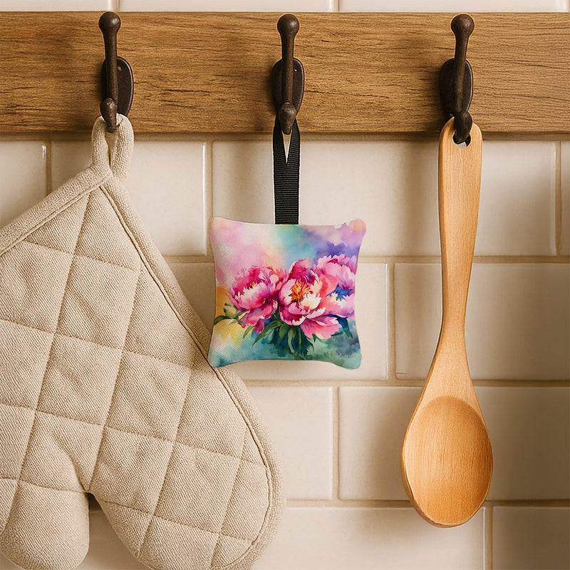 Peonies in Watercolor Hanging Square Fabric Ornament 3.5 × 3.5