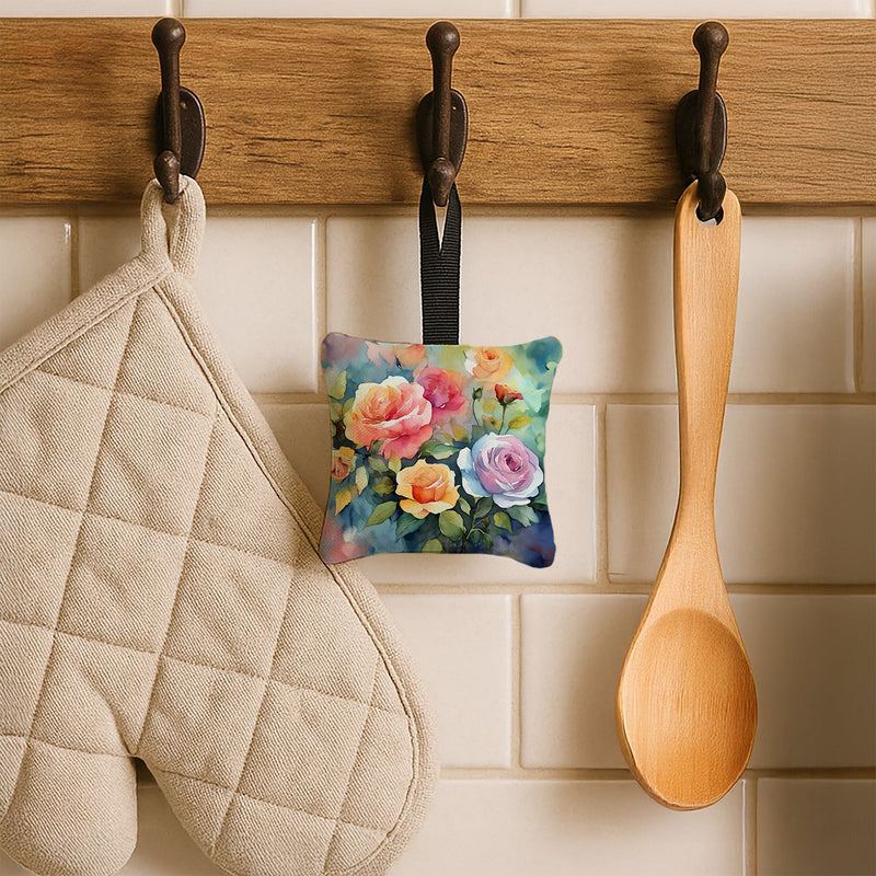 Roses in Watercolor Hanging Square Fabric Ornament 3.5 × 3.5