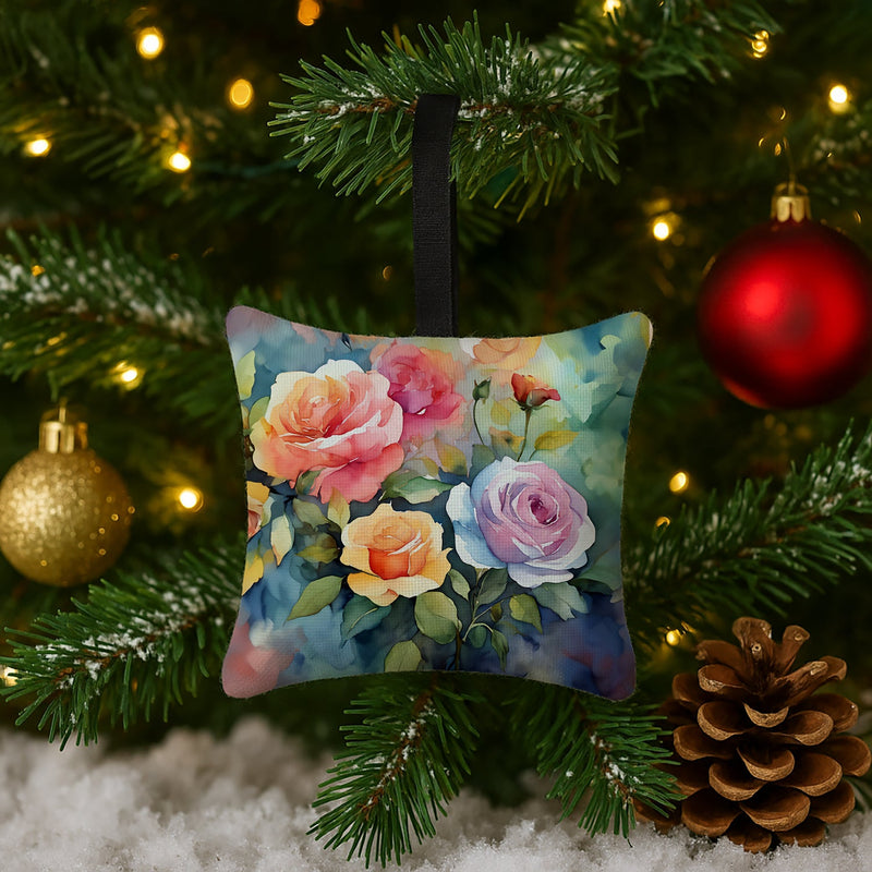 Roses in Watercolor Hanging Square Fabric Ornament 3.5 × 3.5