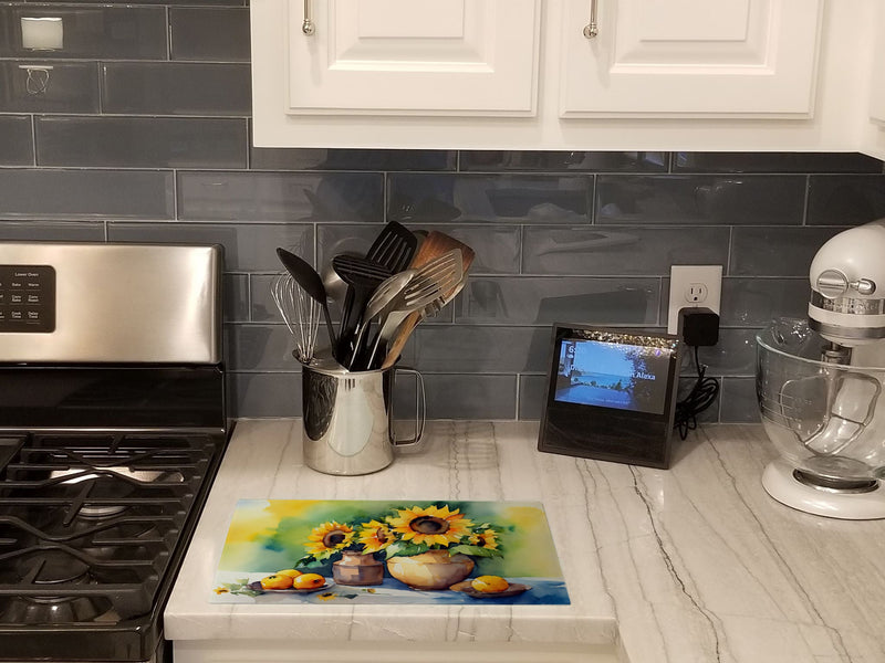 Sunflowers in Watercolor Glass Cutting Boards – Durable, Decorative Kitchen Art Large