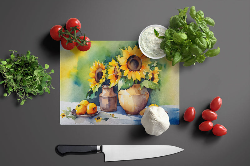 Sunflowers in Watercolor Glass Cutting Boards – Durable, Decorative Kitchen Art Large