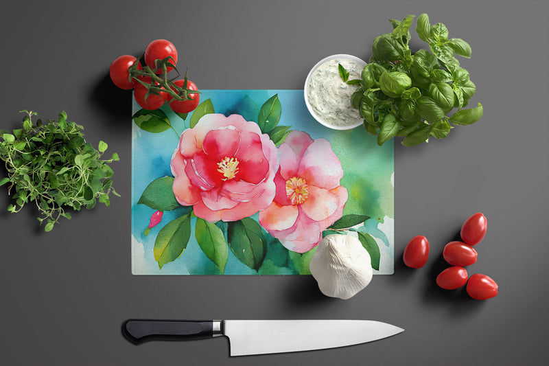 Alabama Camellia in Watercolor Glass Cutting Board Large