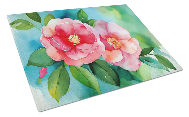 Alabama Camellia in Watercolor Glass Cutting Board Large