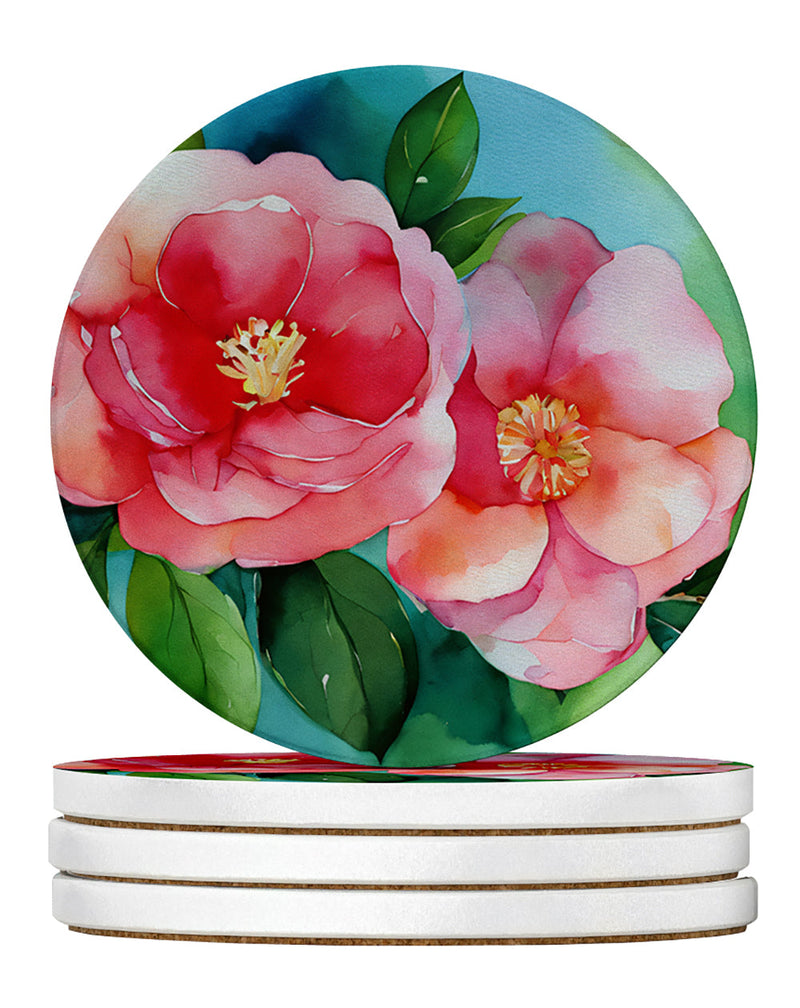 Alabama Camellia in Watercolor Large Sandstone Coasters Pack of 4