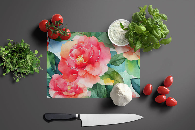 Alabama Camellia in Watercolor Glass Cutting Board Large