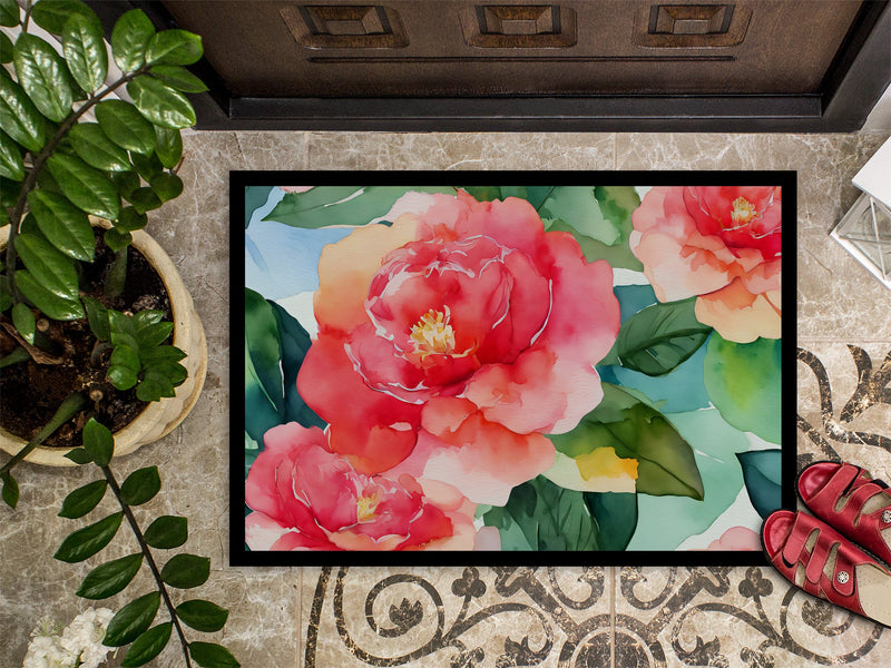 Alabama Camellia in Watercolor Doormat -  18x27 Decorative Floor Mat – Indoor/Outdoor Rug