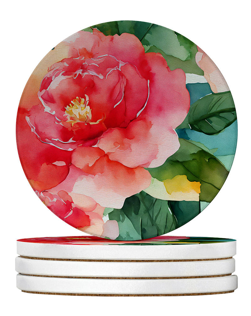 Alabama Camellia in Watercolor Large Sandstone Coasters Pack of 4