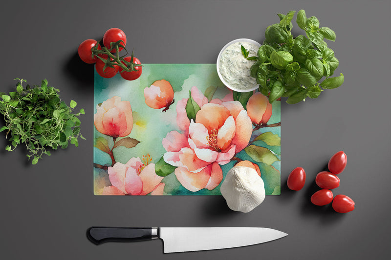 Delaware Peach Blossom in Watercolor Glass Cutting Boards – Durable, Decorative Kitchen Art Large