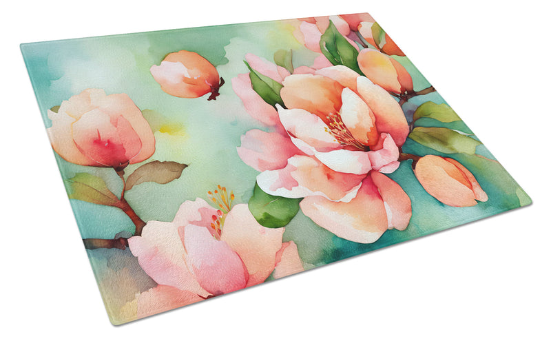 Delaware Peach Blossom in Watercolor Glass Cutting Boards – Durable, Decorative Kitchen Art Large