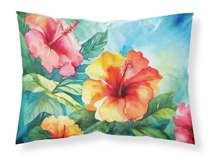 Hawaii Hawaiian Hibiscus in Watercolor Fabric Standard Pillowcase – Artistic Decorative Front, White Back