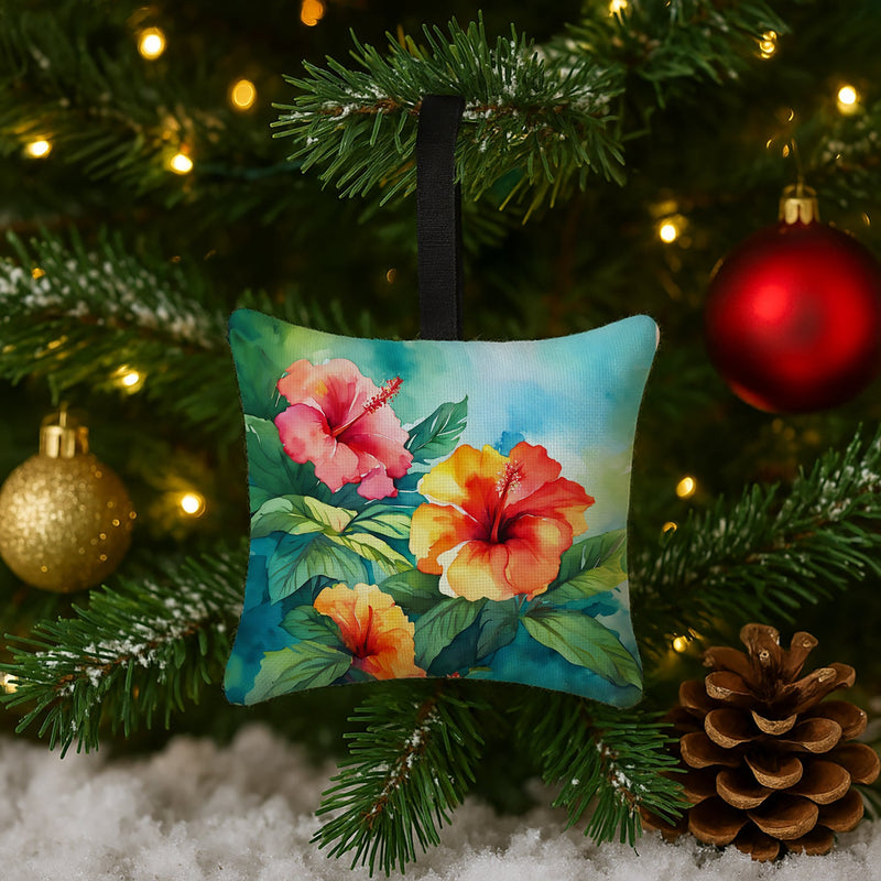 Hawaii Hawaiian Hibiscus in Watercolor Hanging Square Fabric Ornament 3.5 × 3.5