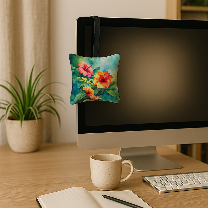 Hawaii Hawaiian Hibiscus in Watercolor Hanging Square Fabric Ornament 3.5 × 3.5