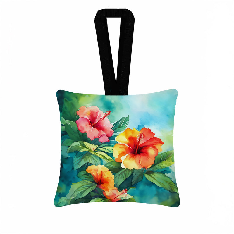 Hawaii Hawaiian Hibiscus in Watercolor Hanging Square Fabric Ornament 3.5 × 3.5