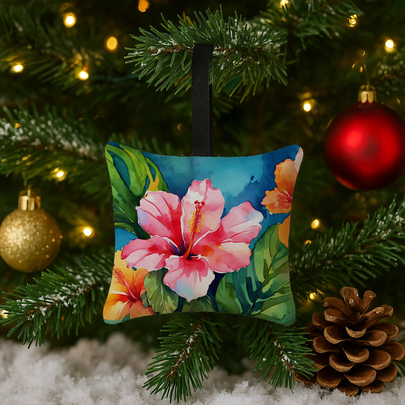 Hawaii Hawaiian Hibiscus in Watercolor Hanging Square Fabric Ornament 3.5 × 3.5