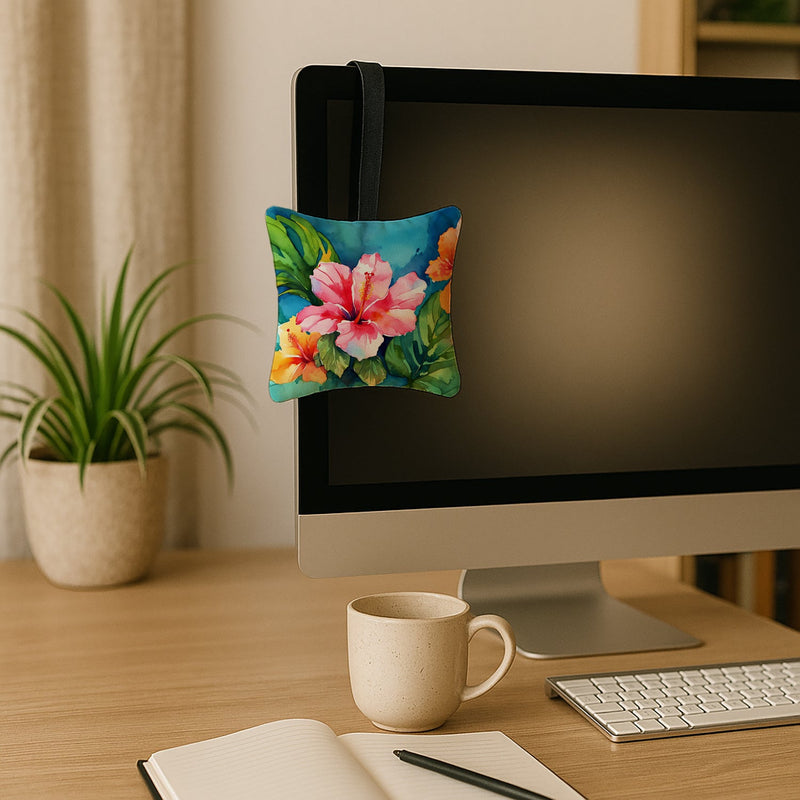 Hawaii Hawaiian Hibiscus in Watercolor Hanging Square Fabric Ornament 3.5 × 3.5