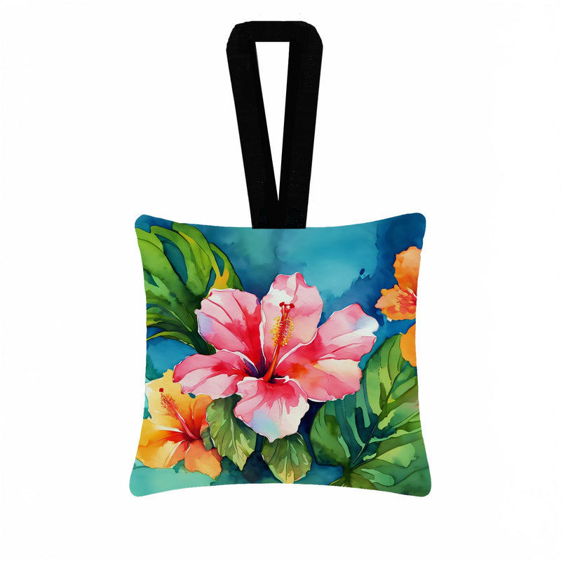 Hawaii Hawaiian Hibiscus in Watercolor Hanging Square Fabric Ornament 3.5 × 3.5