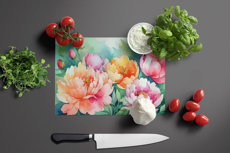 Indiana Peonies in Watercolor Glass Cutting Board Large