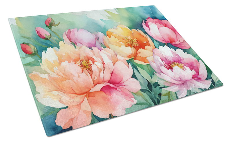 Indiana Peonies in Watercolor Glass Cutting Board Large