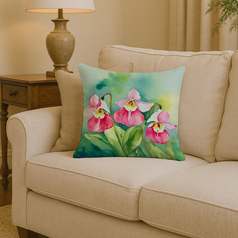 Minnesota Pink and White Lady�s Slippers in Watercolor Throw Pillow