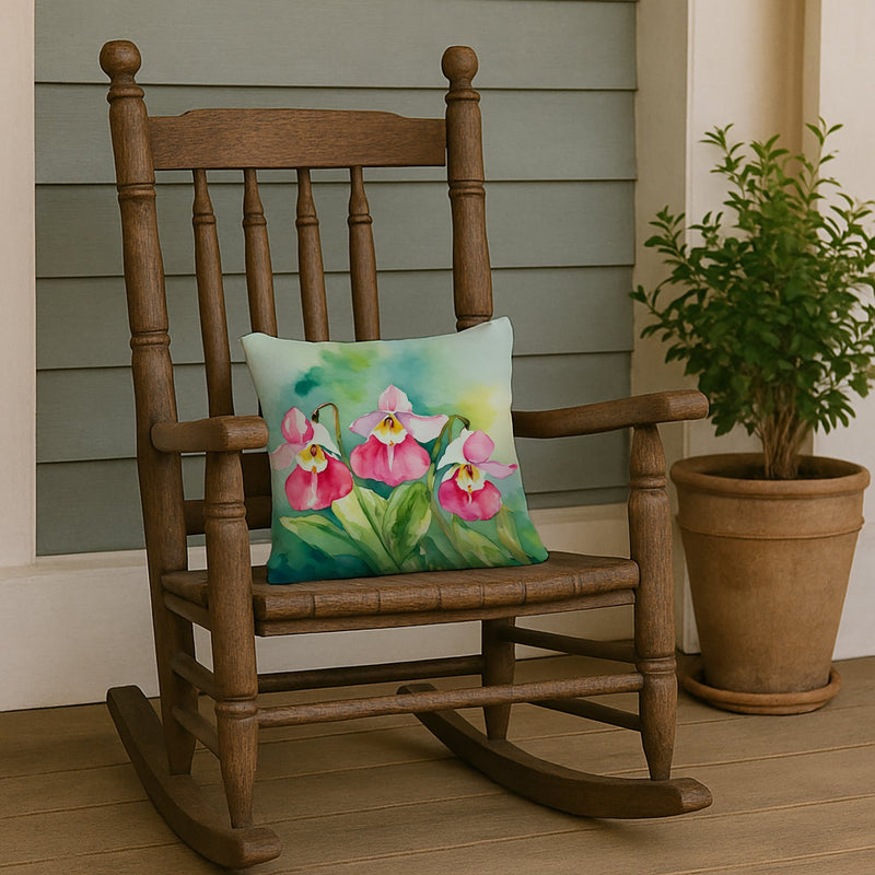 Minnesota Pink and White Lady�s Slippers in Watercolor Throw Pillow