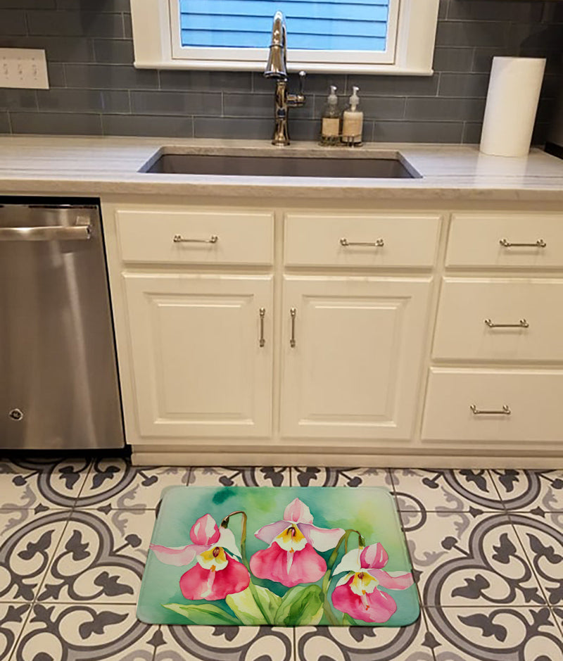 Minnesota Pink and White Lady�s Slippers in Watercolor Memory Foam Kitchen Mat