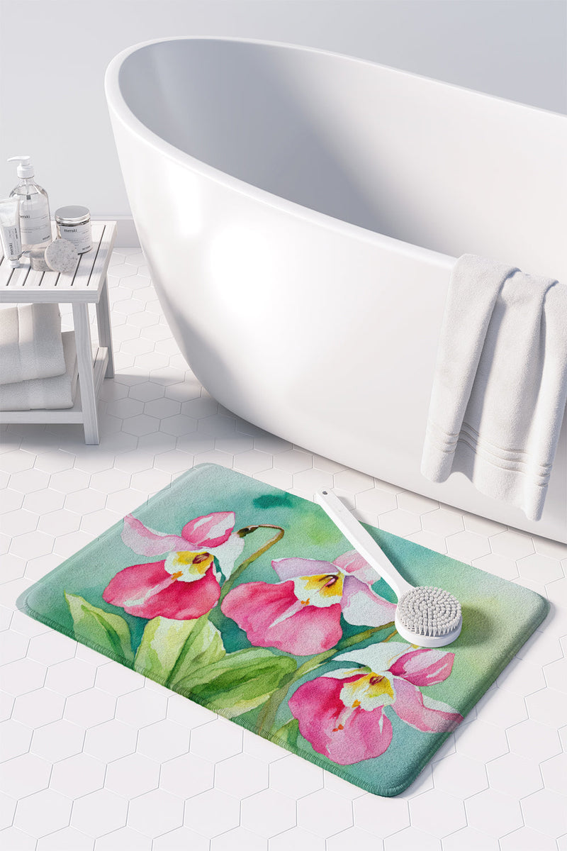 Minnesota Pink and White Lady�s Slippers in Watercolor Memory Foam Kitchen Mat