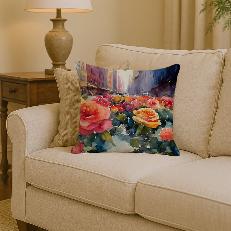 New York Roses in Watercolor Throw Pillow