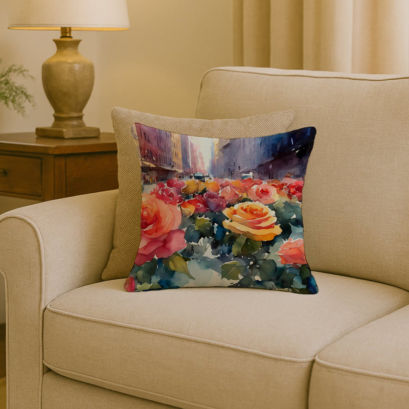 New York Roses in Watercolor Throw Pillow
