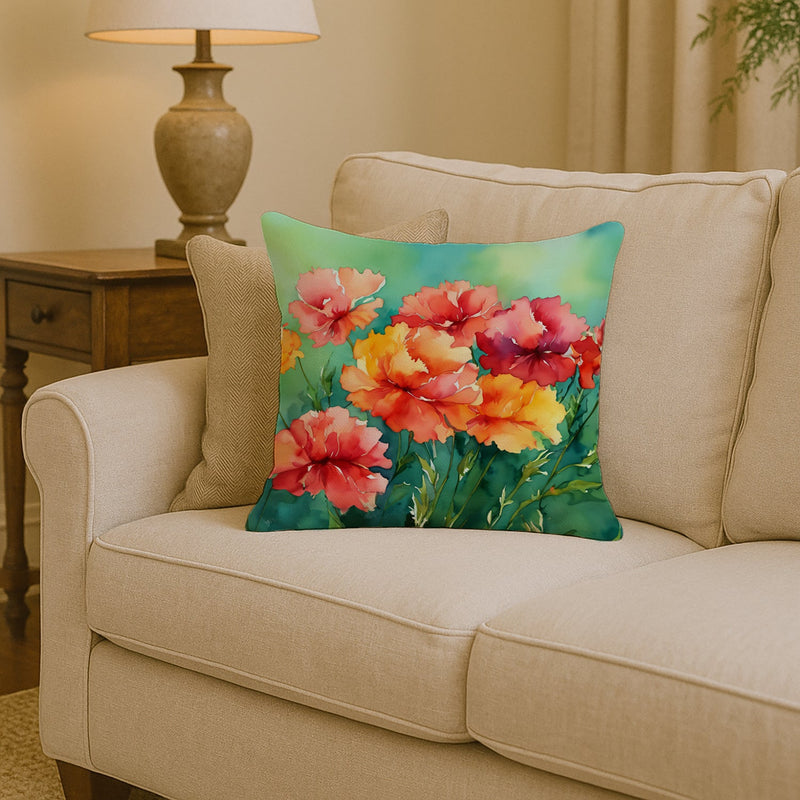 Ohio Scarlet Carnations in Watercolor Throw Pillow