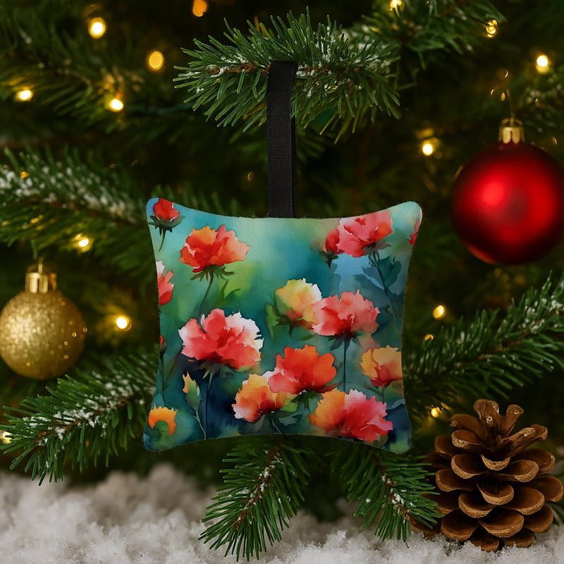 Ohio Scarlet Carnations in Watercolor Hanging Square Fabric Ornament 3.5 × 3.5