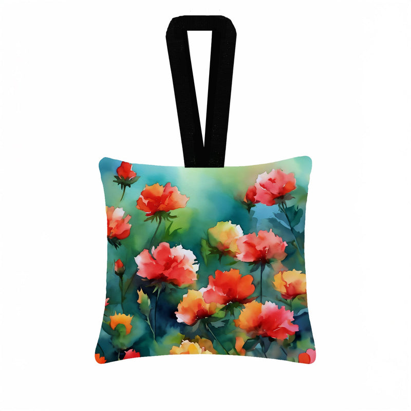 Ohio Scarlet Carnations in Watercolor Hanging Square Fabric Ornament 3.5 × 3.5