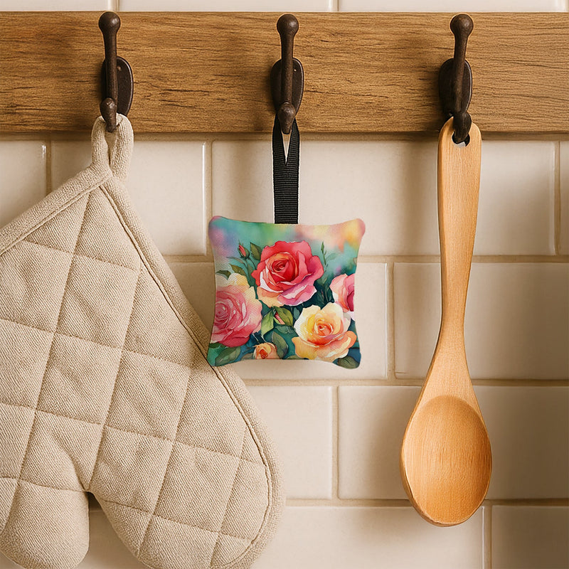 Oklahoma Roses in Watercolor Hanging Square Fabric Ornament 3.5 × 3.5