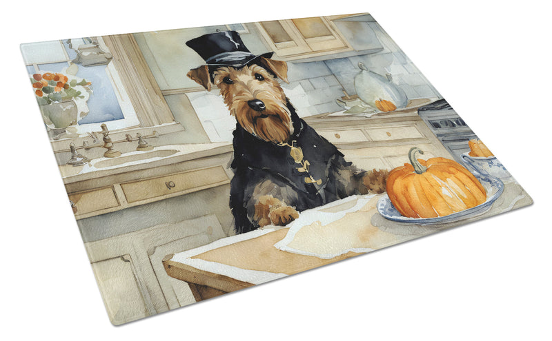 Airedale Terrier Fall Kitchen Pumpkins Glass Cutting Board Large