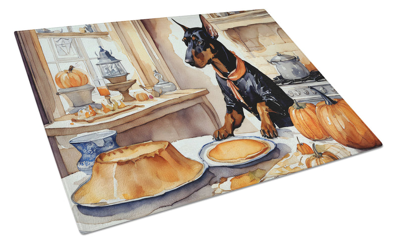 Doberman Pinscher Fall Kitchen Pumpkins Glass Cutting Boards – Durable, Decorative Kitchen Art Large