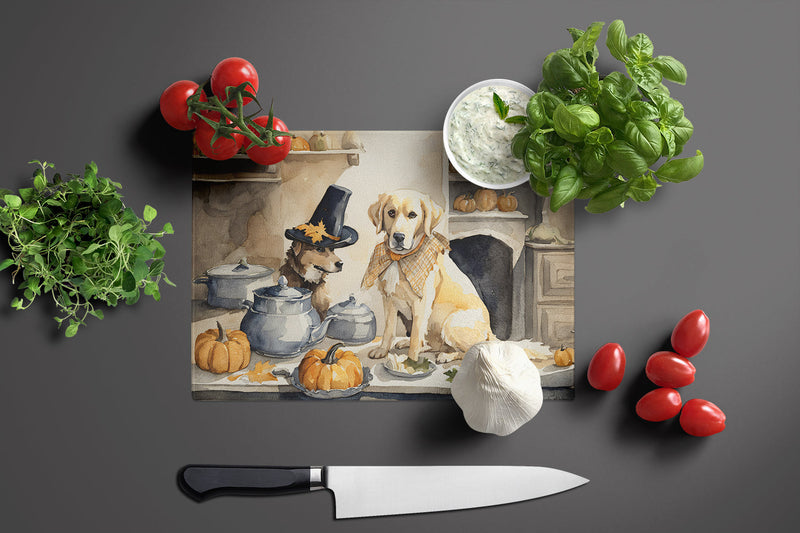 Yellow Lab Fall Kitchen Pumpkins Glass Cutting Board Large