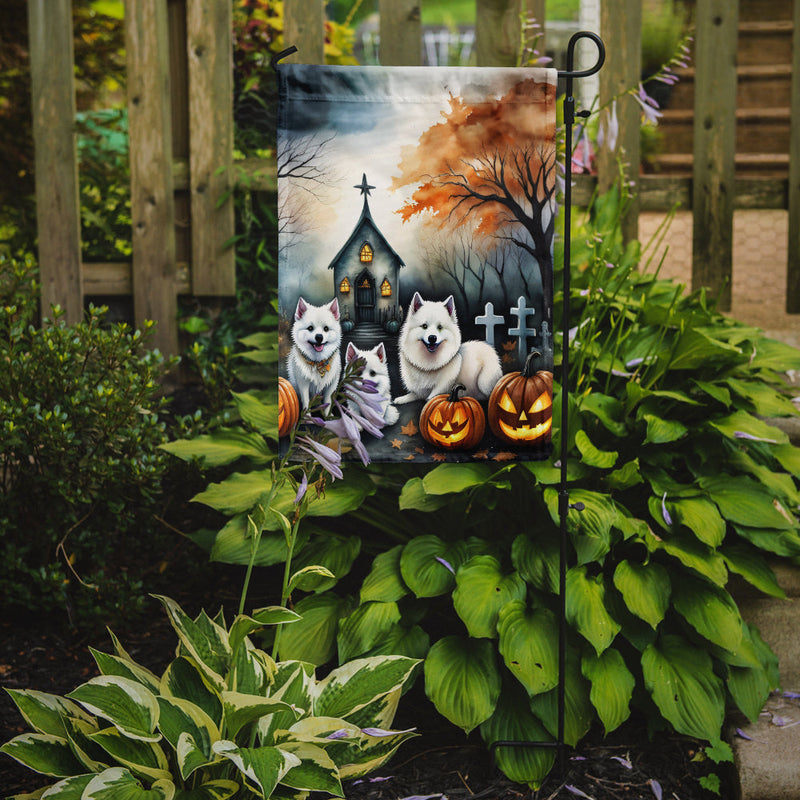 American Eskimo Spooky Halloween Garden Flag – Dog in Cemetery Scene