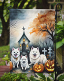 American Eskimo Spooky Halloween Garden Flag – Dog in Cemetery Scene