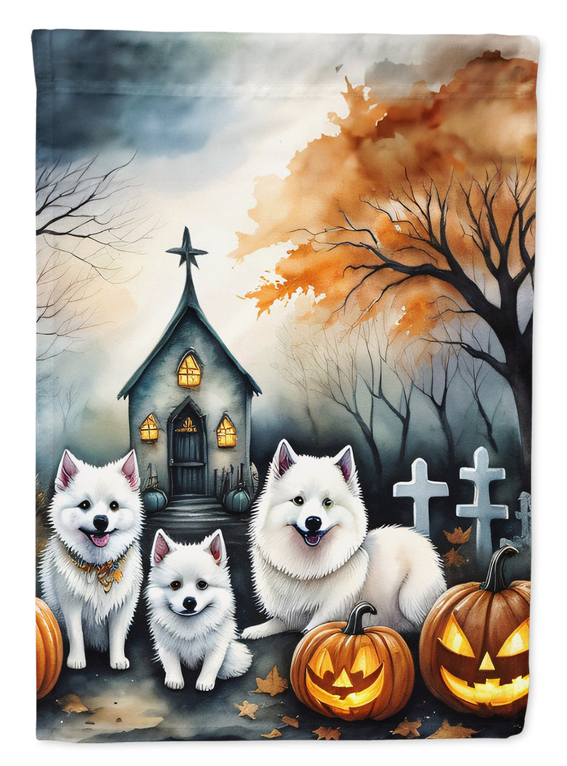 American Eskimo Spooky Halloween Garden Flag – Dog in Cemetery Scene