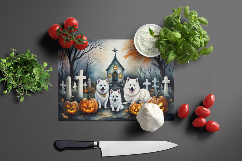 American Eskimo Spooky Halloween Glass Cutting Boards – Durable, Decorative Kitchen Art Large