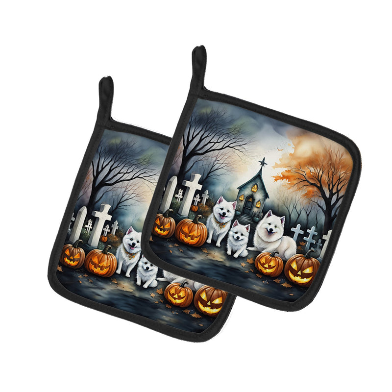 American Eskimo Spooky Halloween Pot Holders - Set of 2 Decorative Kitchen Helpers | Made in the USA