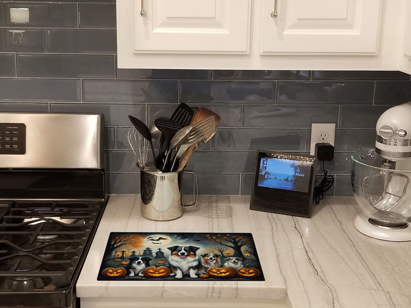 Australian Shepherd Spooky Halloween Glass Cutting Boards – Durable, Decorative Kitchen Art Large