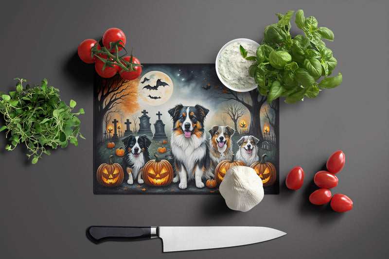 Australian Shepherd Spooky Halloween Glass Cutting Boards – Durable, Decorative Kitchen Art Large