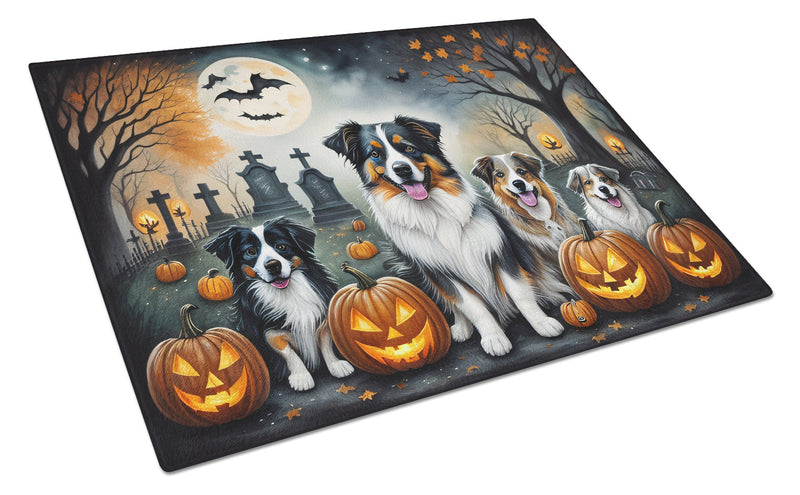Australian Shepherd Spooky Halloween Glass Cutting Boards – Durable, Decorative Kitchen Art Large