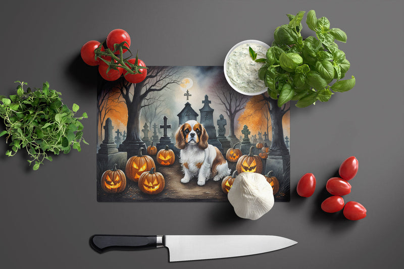 Cavalier Spaniel Spooky Halloween Glass Cutting Boards – Durable, Decorative Kitchen Art Large