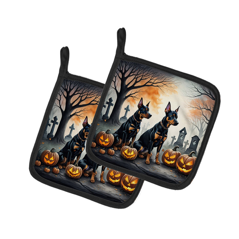 Doberman Pinscher Spooky Halloween Pair of Pot Holders