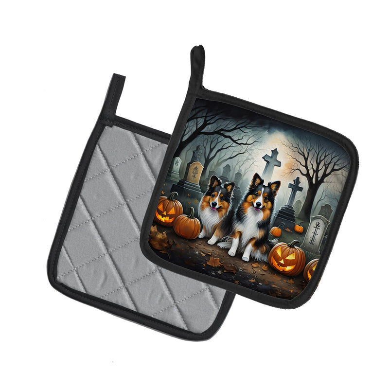 Sheltie Spooky Halloween Pair of Pot Holders