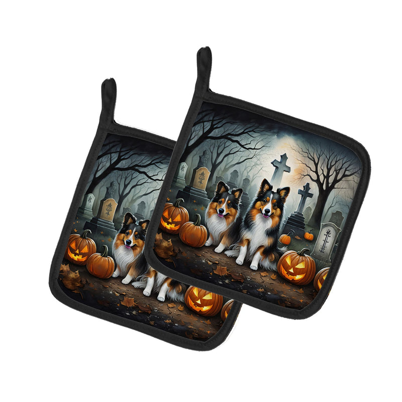 Sheltie Spooky Halloween Pair of Pot Holders